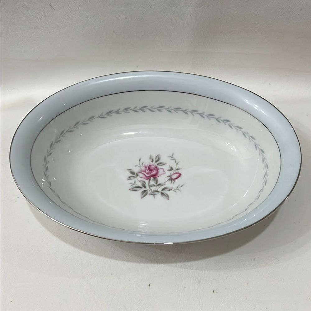 Regency Japan Oval Serving Bowl White Blue Pink Rose Silver 10 1/2 X 7 3/4 In
